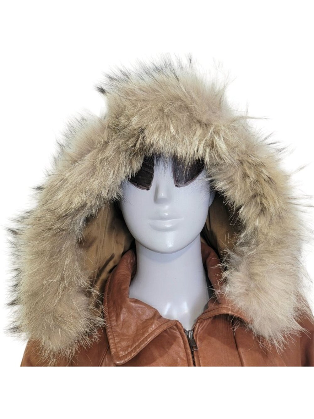 Vintage 80s Damselle Leather Jacket Women XS Fur Trim Hood Parka Coat Brown Fall